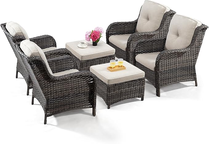 Wicker Chair Set 6 Pieces - Outdoor Wicker Patio Furniture Set with 4 Armchairs and 2 Ottomans, Olefin Cushions Included(Mixed Grey/Beige)