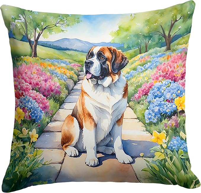 Caroline's Treasures Saint Bernard Spring Path Throw Pillow Machine Washable, Indoor Outdoor Decorative Pillow for Couch, Bed or Patio, 14Hx14W