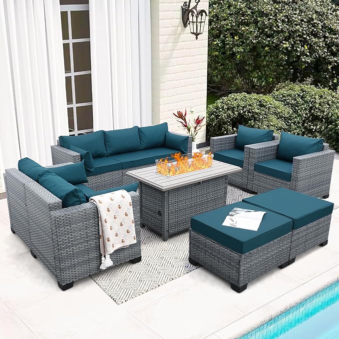 7 Piece Wicker Patio Furniture Sets Outdoor Conversation Set, PE Rattan Sectional Sofa Couch with Fire Pit Table and Non-Slip Peacock Blue Cushions, Furniture Covers Included