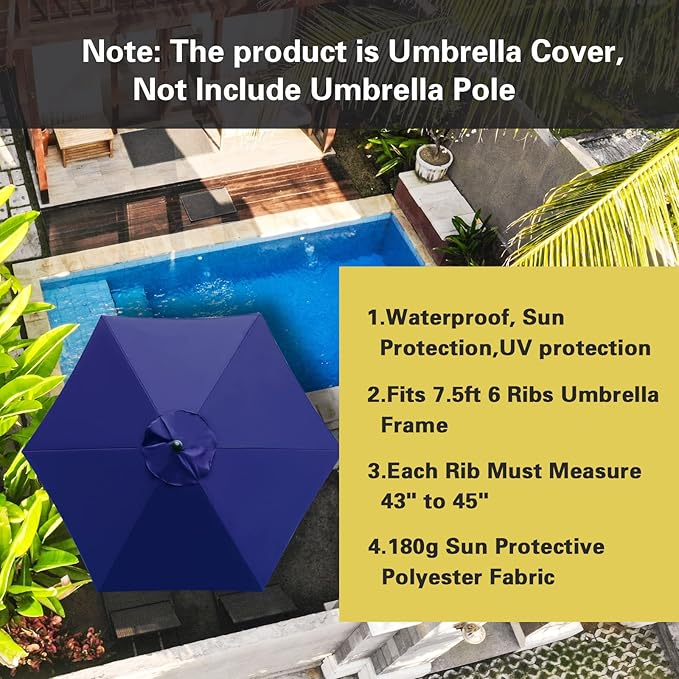 Sunnyglade 7.5ft Patio Umbrella Replacement Canopy Market Umbrella Top Outdoor Umbrella Canopy with 6 Ribs
