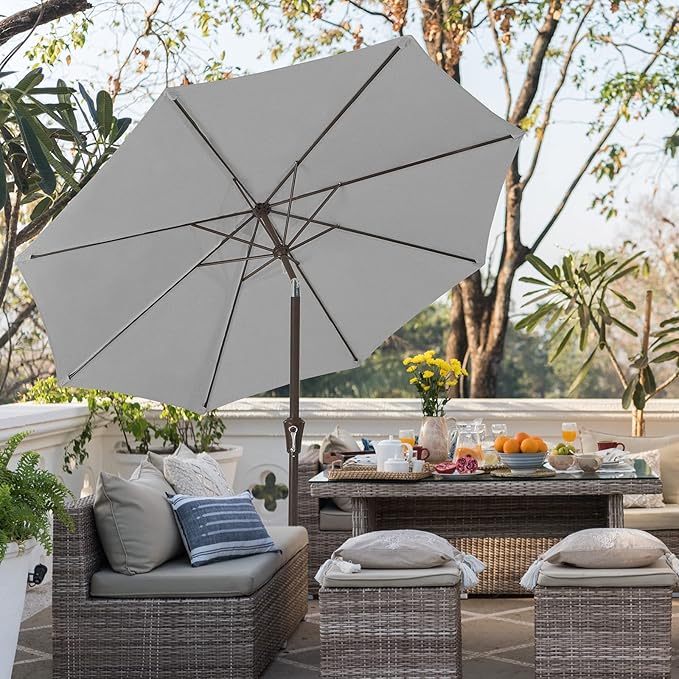 JEAREY 9FT Outdoor Patio Umbrella Outdoor Table Umbrella with Push Button Tilt and Crank, Market Umbrella 8 Sturdy Ribs UV Protection Waterproof for Pool, Garden (Light Gray)