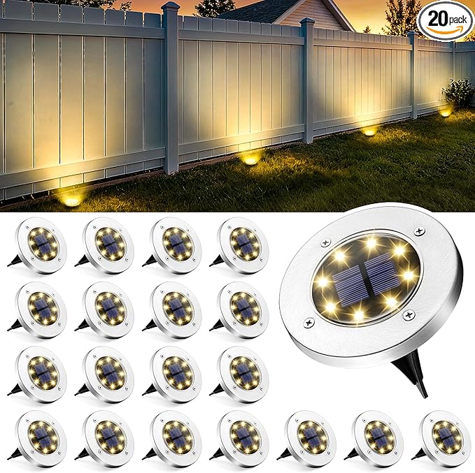 GIGALUMI Solar Fence Lights - No-Drill Fence Lighting Solution, Waterproof Perimeter Lights Compatible with Wood, Metal & Concrete Fences (20 Pack Warm White)