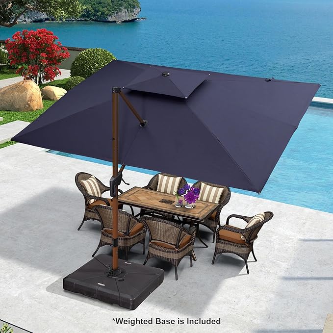 PURPLE LEAF 9' X 12' Double Top Deluxe Wood Pattern Rectangle Patio Umbrella with Base Offset Hanging Umbrella Outdoor Market Umbrella Garden Umbrella, Navy Blue