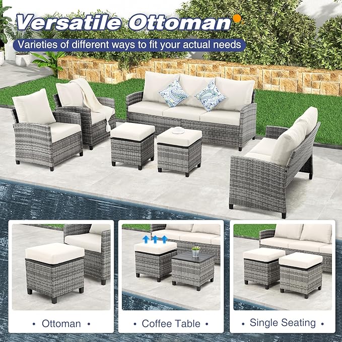 6 Piece Outdoor Sectional Furniture, Wicker Outside Furniture Patio Sofa Set with Cushions, Waterproof Patio Conversation Set for Garden Balcony Backyard (Gray & Beige)