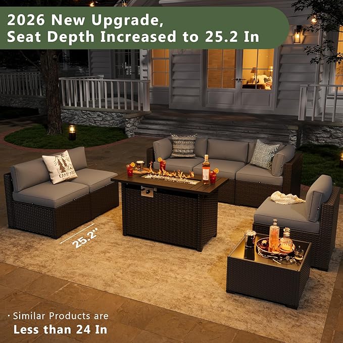 Aoxun 8 Piece Patio Furniture Set with 44” Fire Pit Table Wicker Rattan Patio Sectional Sofa Set Outdoor Seating Furniture with Thickened Cushion, Grey