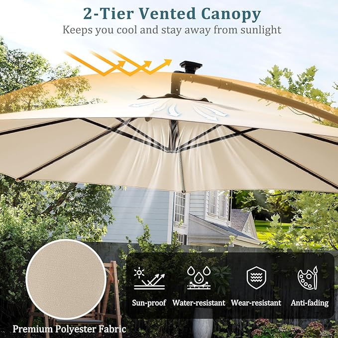 HAPPYGRILL 10 FT Offset Hanging Umbrella with Multi-Colored Flowing LED Lights, 9 Light Modes, Outdoor Patio Cantilever Umbrella with Base, Easy Tilt, 360° Rotation, Crank