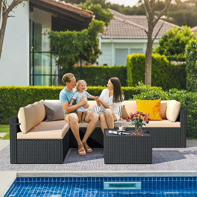 7-Piece Outdoor Sectional Sofa Set, Weather-Resistant Patio Furniture Set with Washable Cushions and Coffee Table, Black Rattan Patio Conversation Set for Poolside, Backyard, Deck (Beige)