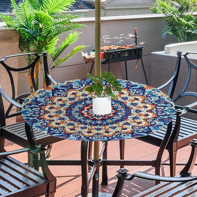OSAM SPACE Outdoor Tablecloth with Umbrella Hole, Round Elastic Fitted Table Cloth with Invisible Zipper,Colorful Blue Orange Boho Mandala Picnic Patio Table Cover 45-56in