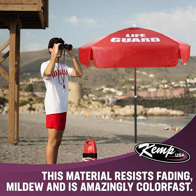 Kemp USA Heavy Duty Vinyl Lifeguard Umbrella - Great for Patio, Beach & Pool Umbrella with 45° Tilt Mechanism - Portable for Lifeguard Chair - with LIFE GUARD Logo