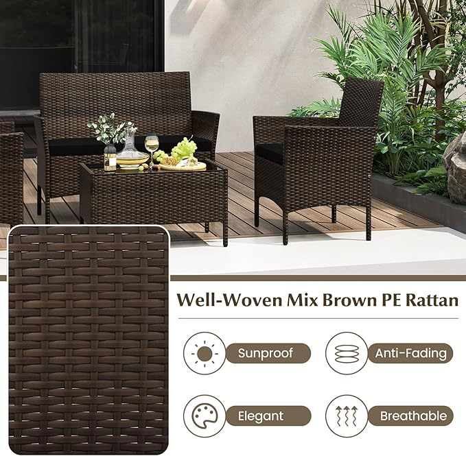 Tangkula 8 Piece Patio Rattan Conversation Set, Outdoor Wicker Furniture Set with Chair, Loveseat & Tempered Glass Table, Cozy Seat Cushions, Outside Sectional Sofa Set for Backyard, Porch (1,Black)