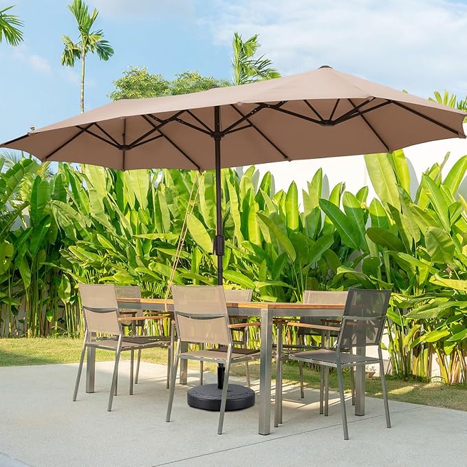 13Ft Large Patio Umbrella with Base Outdoor Double-Sided Market Extra Large Table Umbrella Easy Crank for Yard, Poolside, Deck-Khaki