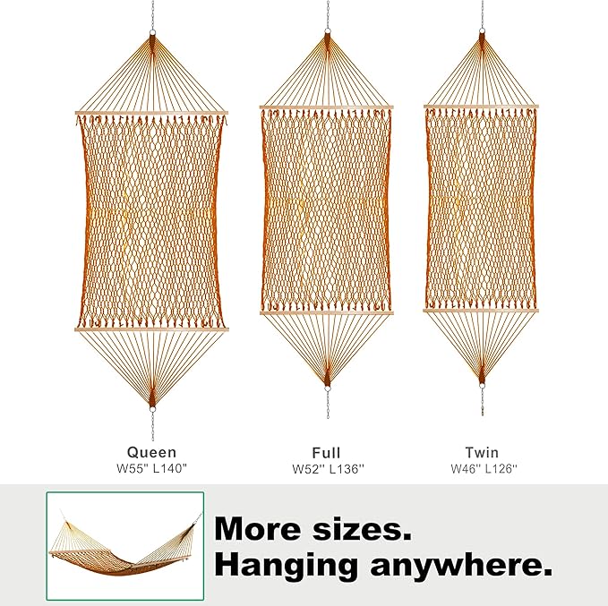 12ft Family Hammocks, Handwoven Traditional Cotton Rope Hammock with Hardwood Spreader Bar, Chains and Hooks for Indoor Outdoor, Max 450 lbs Capacity (Coffee Brown, Large)