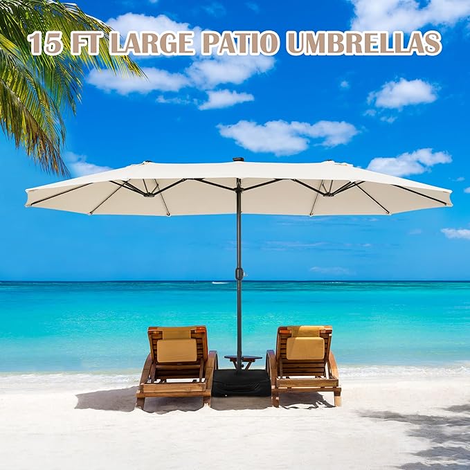 Sundale Outdoor Solar 144 LED 15 ft Patio Umbrella with Sandbag Base Included and Cover, Outdoor Double-Sided Umbrella with Lights