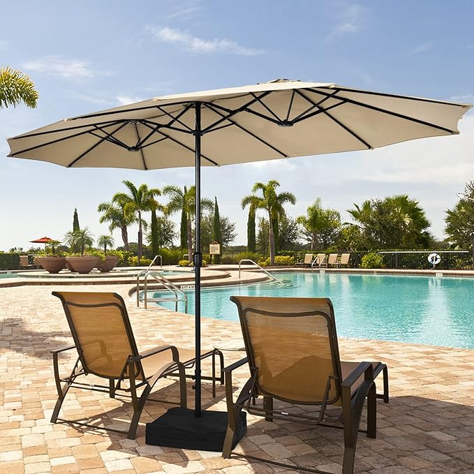 Tangkula 15FT Double-Sided Patio Umbrella with Base, Extra-Large Market Umbrella W/Crank System, Outdoor Twin Umbrella W/ 12-Rib Metal Structure & Air Vents for Garden, Backyard, Poolside (Beige)