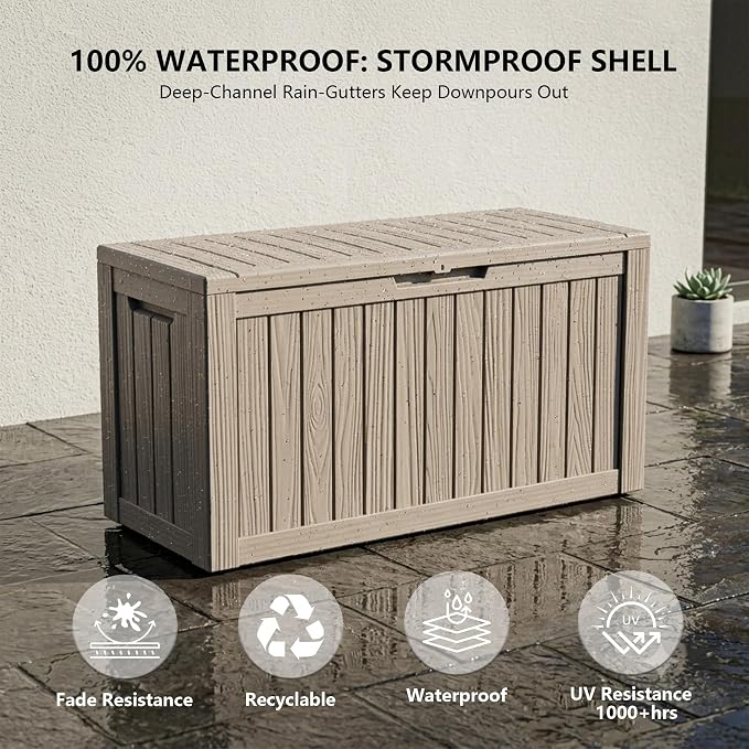 Outdoor Storage Box, 90 Gallon Waterproof Deck Box [Upgraded 3.0], Robust Weatherproof Organizer for Deep-Seat Cushions, Sports Equipment, Lockable Garden Tool Bench Seat, Side Yard, Grey