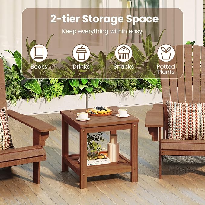 2-Tier Adirondack Side Table, Square Wood Patio End Table with Slatted Tabletop Storage Shelf, Accent Small Side Table Indoor Outdoor for Garden, Backyard, Porch & Living Room