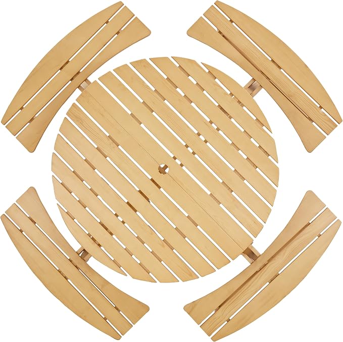 8-Person Outdoor Picnic Round Table with Built-in Benches | All-Weather Wooden Patio Furniture for Gardens, Backyards and Porches | Includes 2" Umbrella Hole (Natural, 70.08"*70.08"*27.17")
