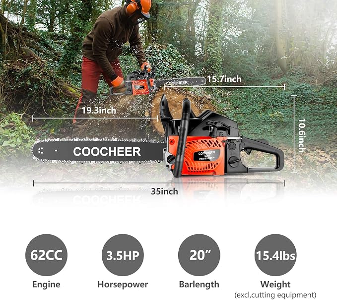 COOCHEER Gas Chainsaw 62CC 20Inch Gas Powered Chain saws, 3.5HP 2-Stroke Gasoline Chain Saw with for Tree Stumps, Limbs, Tree Felling, and Firewood Cutting(Black&Red 2023 Updated)