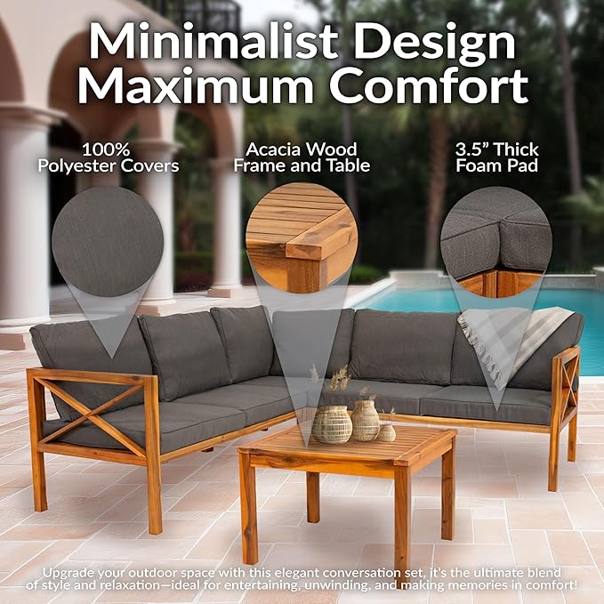 Sunnydaze 4-Piece Acacia Wood Patio Furniture Set - Edisto Outdoor Conversation Set - Wood Outdoor Furniture - Natural Gray