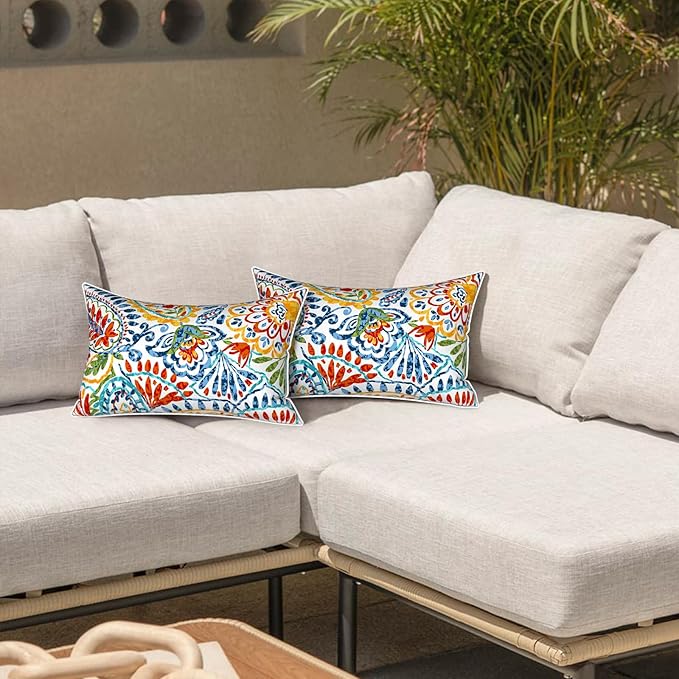 LVTXIII Set of 2 Outdoor Lumbar Pillows for Patio Furniture with White Piping, 12"x20" Fade Resistant Patio Lumbar Pillows with Inserts for Home Coach Sofa Use, Paisley Multi
