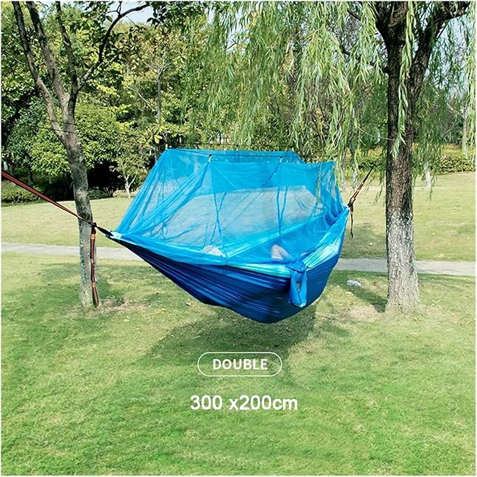Single and Double Size Nylon Fabric Portable Travel Outdoor Camping Hanging Sleeping Hammock with Mosquito Net(Single Blue 2)