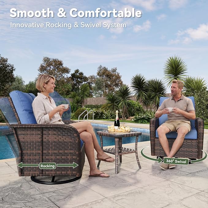 Aoxun 7-Piece Patio Furniture Set with Thick Cushions, Wicker Rattan Outdoor Sectional Sofa with High Back Swivel Rocker Chairs, Outdoor Patio Furniture Set with Coffee Table & Ottoman, Blue