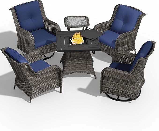 6 Pcs Patio Furniture Set with Fire Table-31'' Fire Pit Table, 1 Side Table, 4 Outdoor Rattan Wicker Conversation Chairs (2 Fixed & 2 Swivel) （Blue）