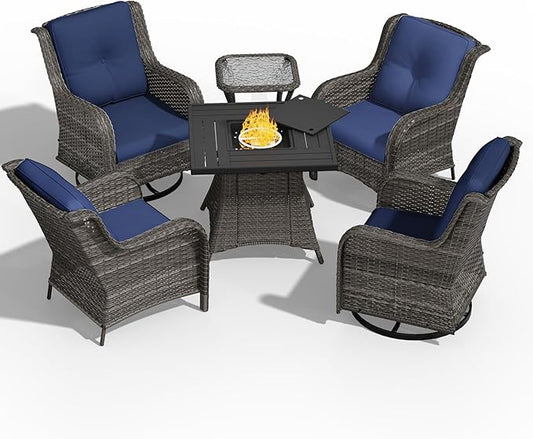 6 Pcs Patio Furniture Set with Fire Table-31'' Fire Pit Table, 1 Side Table, 4 Outdoor Rattan Wicker Conversation Chairs (2 Fixed & 2 Swivel) （Blue）