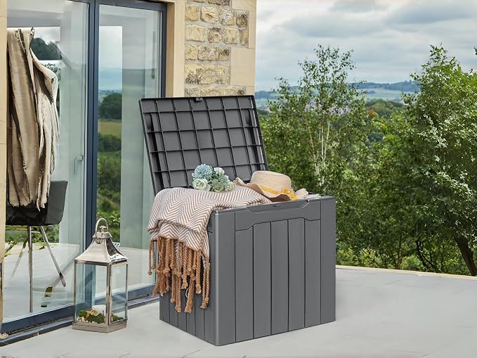28 Gallon Outdoor Deck Box, Gray Waterproof Resin Storage Box with Lid for Patio, Toy Box Package Delivery