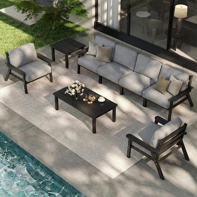 7 Piece Patio Furniture Set, HDPE Outdoor Sectional with Gray Washable Thick Cushions, Coffee Table & Side Table, Patio Conversation Sets for Lawn, Garden, Porch, Balcony (Black Frame)