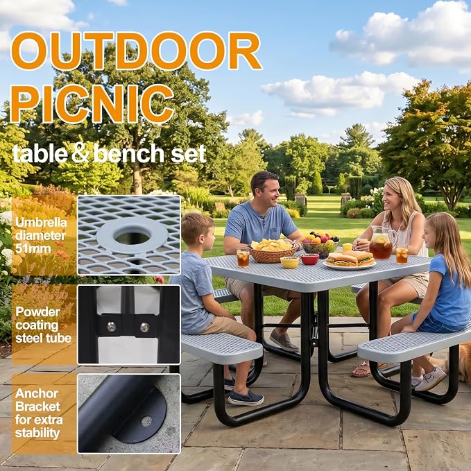 46-Inch Square Metal Outdoor Picnic Table – Commercial Heavy-Duty Steel Dining Table with Thermoplastic Coating, Weather & Rust Resistant, Ideal for Patio, Outside, Garden, Schools (Gray)