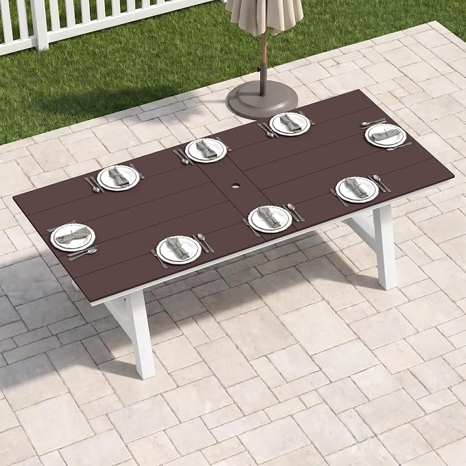Costaelm Rectangle Patio Table, 8-Person Backyard Table 90" HDPE Dining Table with Umbrella Hole and Metal Frame for Outside, Garden, Poolside, Deck, Porch, Balcony, Dark Brown