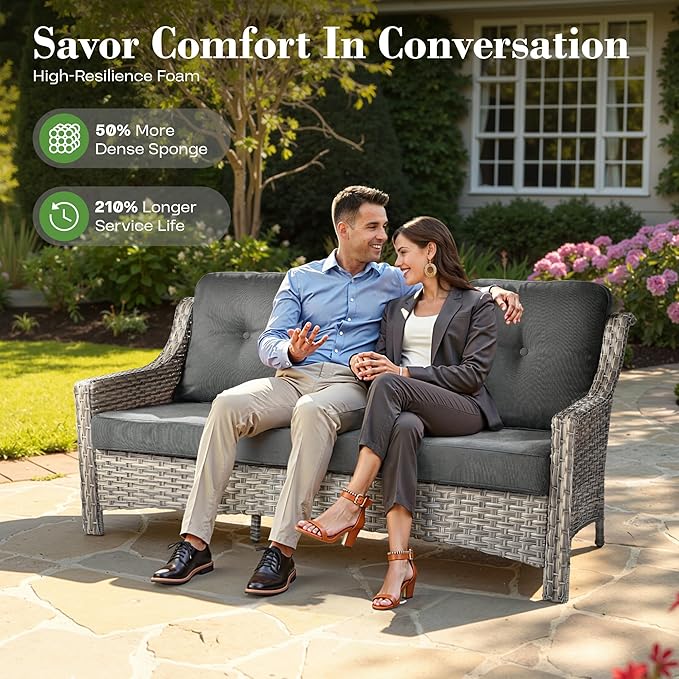 ovios 5 Piece Outdoor Patio Furniture with 3 Seat Sofa,Rattan Wicker Coversation Set with Swivel Rocking Chair,Balcony Sofa Set with Shiny Table for Outside Porch Backyard Pool, Black