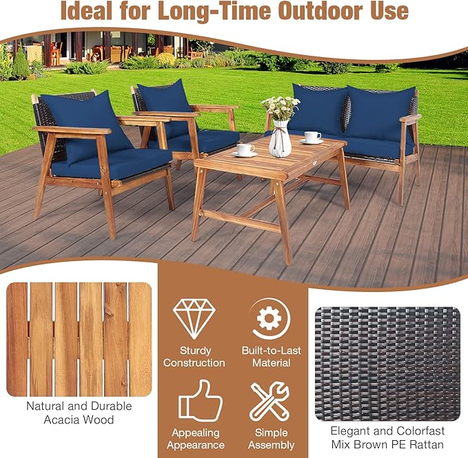 HAPPYGRILL 4 Pieces Outdoor Rattan Sofa Set Acacia Wood Frame Conversation Set with Coffee Table, Sectional Furniture Set with Cushions for Backyard Porch Garden Poolside Balcony