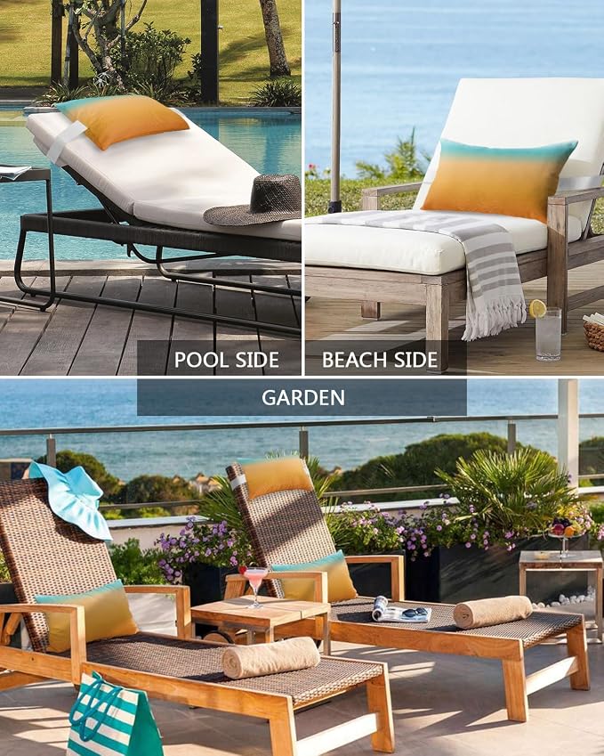 Outdoor Pillows Covers with Inserts Teal Turquoise Yellow Orange Ombre Stripe Gradient Waterproof Pillow with Adjustable Strap Throw Pillows for Patio Furniture Pool Lounge Chair, 11x16 Inch, 2PCS