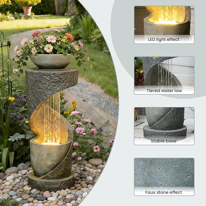 Tiered Outdoor Water Fountain, Modern Spiral Cascading Waterfall Fountain with Planter, Freestanding Resin Indoor Water Feature for Room, Garden, Patio, Deck, 31.5"H with Light Stone-Texture