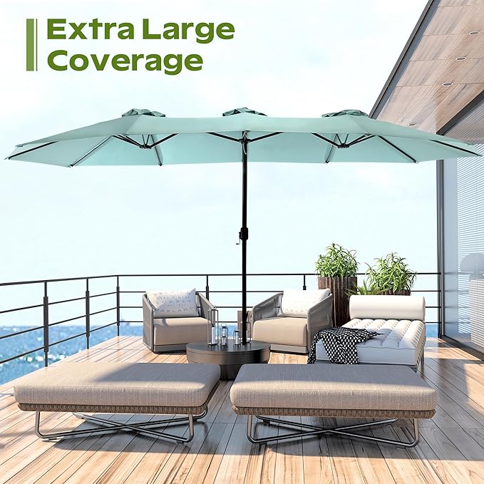 15ft Umbrella Outdoor Patio - Double-Sided Large Market Rectangle Umbrellas with Crank Handle for Patio Garden Yard Pool (No Base)