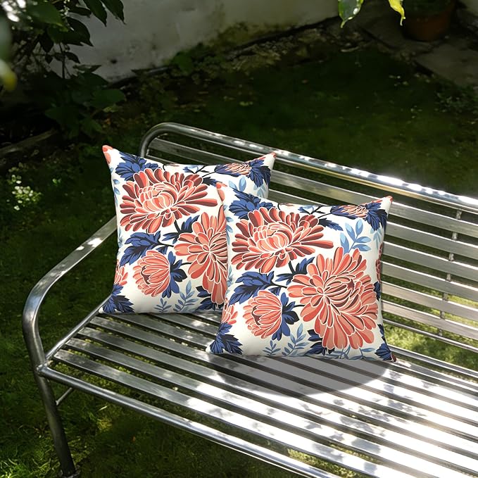 Outdoor Throw Pillow Covers 18x18 Inch, Decorative Pillow Covers for Patio Furniture, Red Chrysanthemum Modern Cushion Cases for Garden Couch Home Sofa, Pack of 2