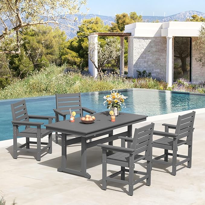 Rectangle Outdoor Dining Tables for 6, HDPS Weather Resistant Patio Dining Table, 66" Outdoor Tables with 1.96" Umbrella Hole for Porch, Balcony, Backyard, Grey