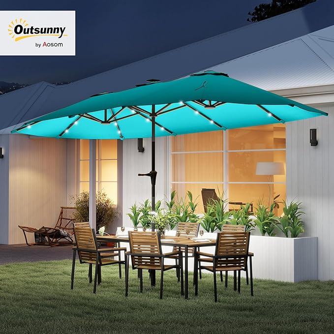 Outsunny 13ft Large Patio Umbrella with Solar Lights, Rectangular Double-Sided Outdoor Market Umbrella with Crank Handle and 48 LED Bulbs for Garden, Pool and Backyard, UPF 30+