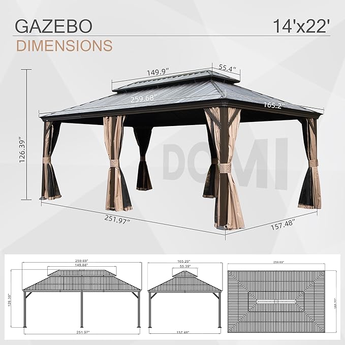Domi 14' X 22' Hardtop Gazebo, Upgraded Metal Gazebo with Drainage System, Dual-Layer Galvanized Steel Roof, Curtain and Netting, Outdoor Shelter Canopy for Patio, Garden, and Backyard, Brown