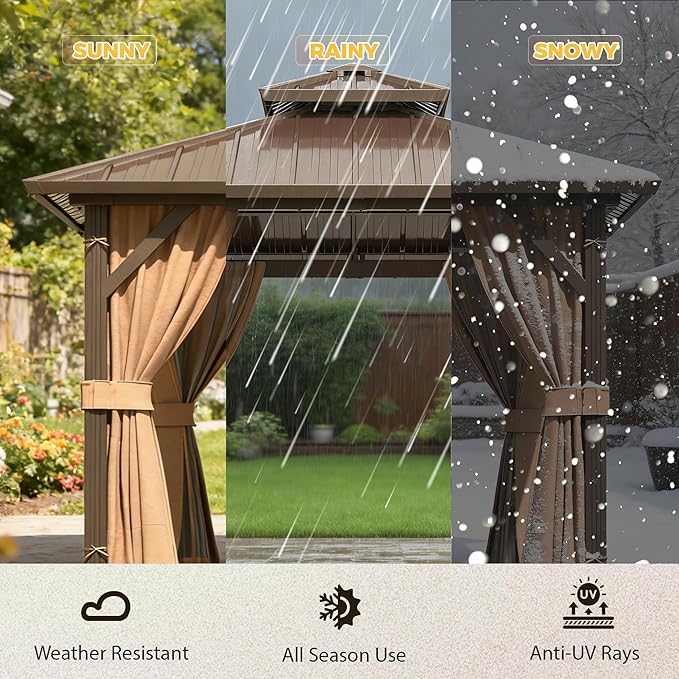 YOLENY 10' x 10' Gazebo Hardtop with Aluminum Frame,Galvanized Steel Double Roof Gazebos with Curtain and Netting,Outdoor Metal Pergolas for Garden, Lawn, Deck, Brown