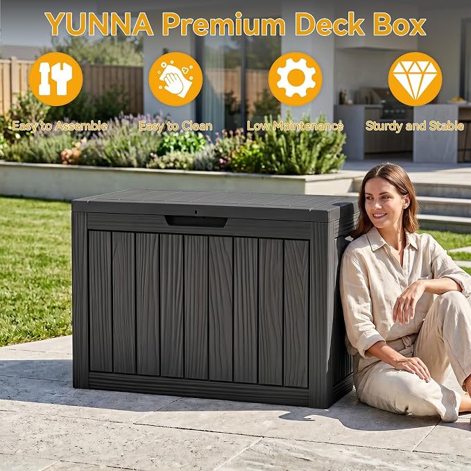 50 Gallon Deck Box for Outdoor and Indoor Use, Outdoor Storage Box for Picnic Supplies, Gardening Tools Waterproof, Lockable and Easy to Install Black