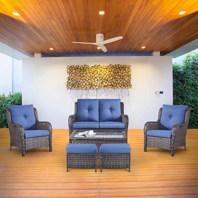 Belord 6 Pieces Patio Furniture Set Outdoor Wicker Furniture, 2 Patio Wicker Chairs with 1 Loveseat Sofa, Coffee Table and Ottomans, Patio Conversation Set for Porch Garden Deck Balcony Poolside