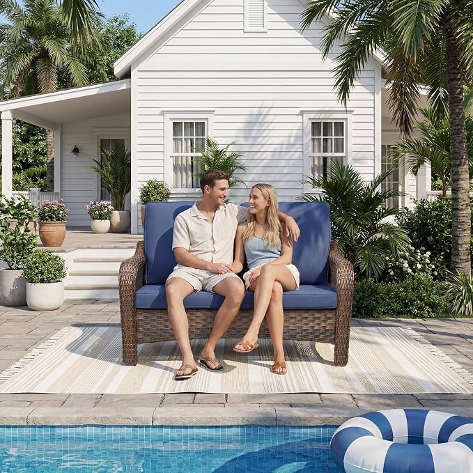 Outdoor Patio Loveseat, All-Weather Hand-Woven PE Wicker 2 Seat Sofa with Thick Cushions, High Back & Deep Seat, Ergonomic Design for Porch, Deck, Balcony, Garden, and Backyard(Blue)