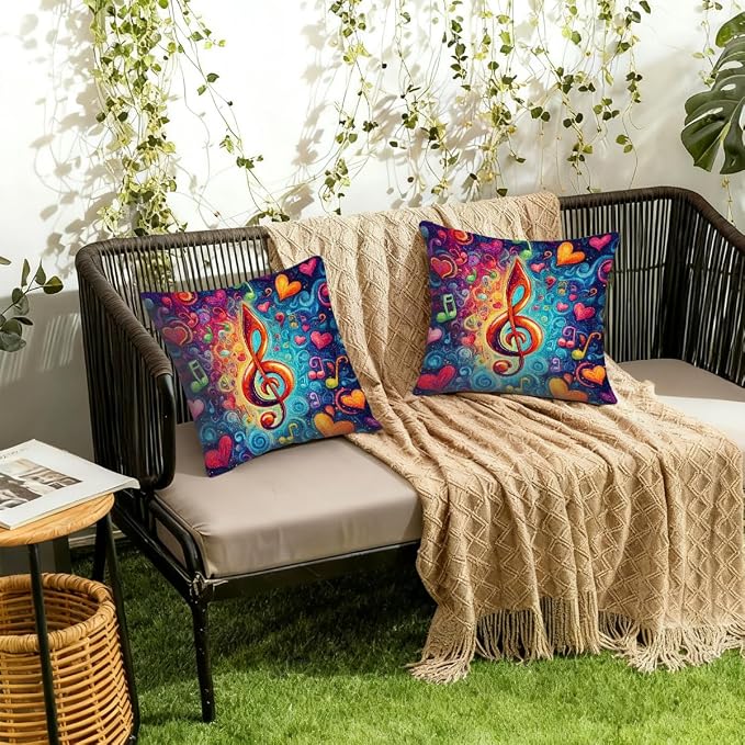 22x22 Inch Outdoor Pillow Covers Set of 2 Waterproof Throw Pillow Covers Decorative Couch Cushion Covers Music Note Hearts Neon Square Pillowcases Protectors for Patio Garden Sofa