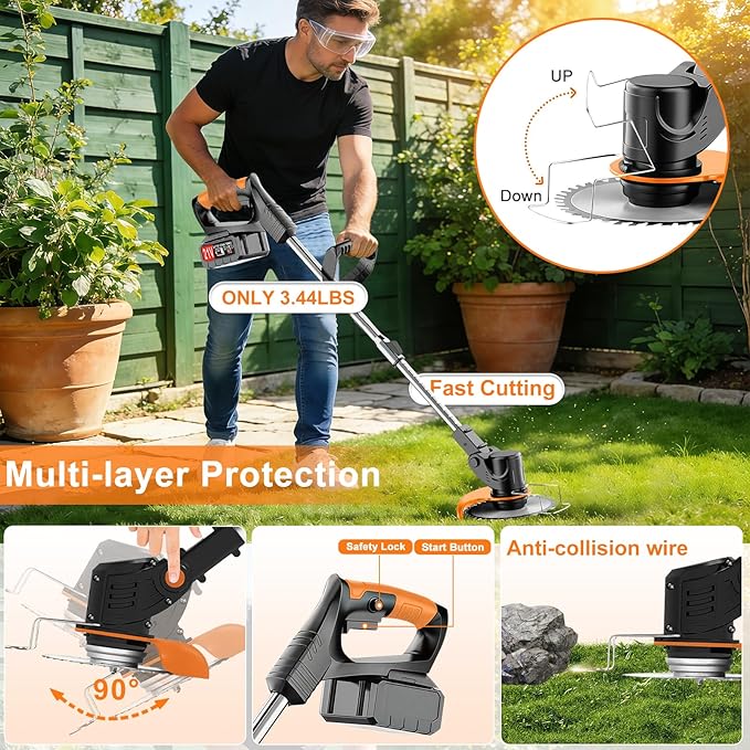 Electric Cordless Weed Wacker, 21V Electric Weed Wacker Eater with Battery Charger, 3 in 1 Grass Trimmer with 4 Types Blade, Lightweight Adjustable Design for Lawn, Yard