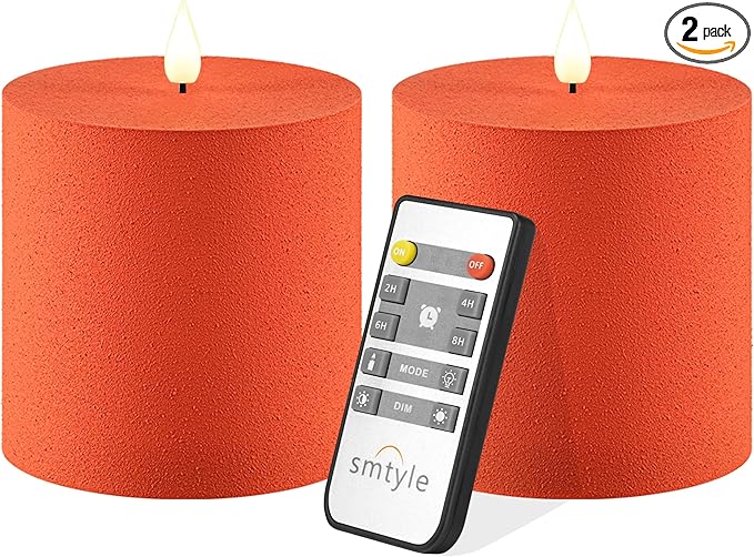 smtyle 4"X4" Orange Plastic Battery Operated Flickering Frosted Flameless LED Pillar Candles with Remote Set of 2 for Decor Home Ambience