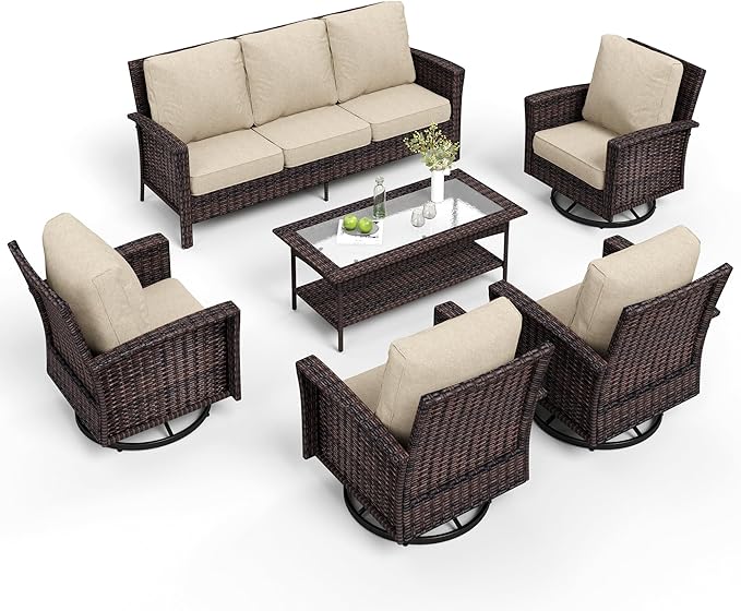 6-Piece Wicker Patio Furniture Set with Swivel Chairs, High Back Outdoor Sofa with 5.5-inch Thick Cushion, All-Weather Wicker Patio Conversation Set for Deck Yard Pool, Beige