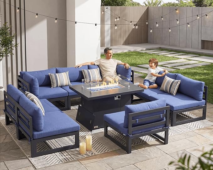 NICESOUL 8 Seat Modern Aluminum Patio Furniture Set with Fire Pit Table, 500 lbs Heavy Duty Outdoor Sectional Sofa, 29" Deep Wide Oversized Seating, L Shaped Conversation Couch for Deck, Denim Blue